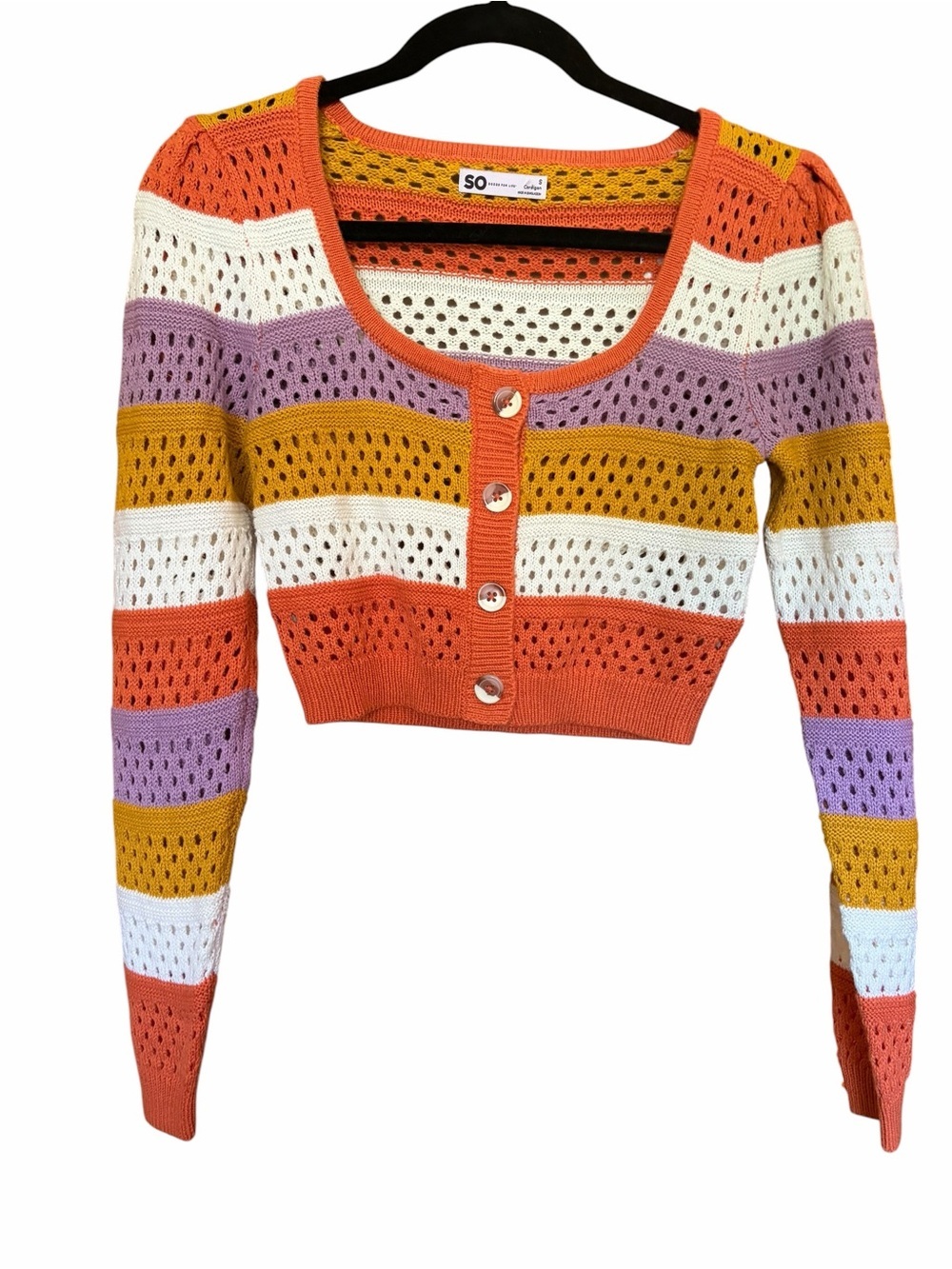 Cropped Open-Knit Striped Retro Button Cardigan